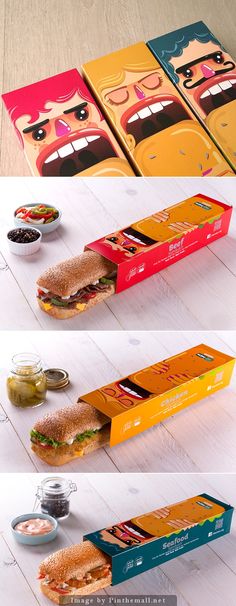 three different boxes with sandwiches in them on the floor