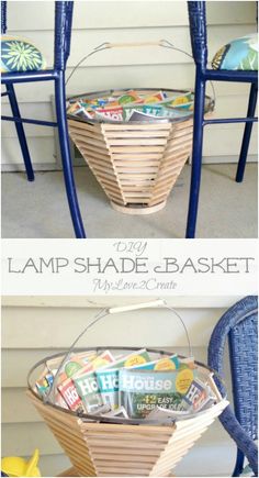 a basket that is sitting on top of a chair with the words diy lamp shade basket