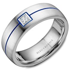 Bleu Royale Wedding Band with Princess Cut Diamond and Blue Enamel Stripe Wedding Band With Princess Cut, Mens Sapphire Wedding Band, White Gold Wedding Band, Sapphire Wedding Band, Jewelry Appraisal, Mens Engagement, White Gold Wedding Bands, Princess Cut Diamond, White Gold Wedding