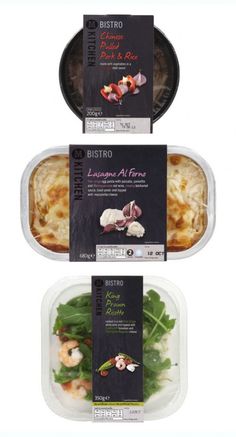 three different types of food in plastic containers with labels on the lids and side by side