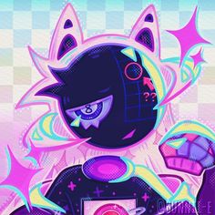 an illustration of a black cat with pink and blue colors