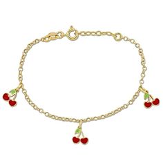 The Cherry Enamel Charm Bracelet in Yellow Plated Sterling Silver is a fun and vibrant piece of jewelry. It features a sterling silver chain coated with a bright yellow gold flash plating. The bracelet showcases cherry-shaped enamel charms, each adorned with intricate details and a luscious red color. The cherry charms add a playful and whimsical touch to the bracelet. The bracelet is designed to be worn comfortably on the wrist and securely fastens with a clasp. This cherry enamel charm bracele Cherry Charm, Fashion Reference, Yellow Plates, Gold Plated Bracelets, Enamel Charms, Rolo Chain, White And Red, Silver Enamel, Sterling Silver Chain