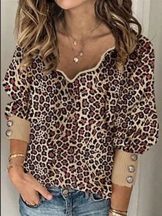 Leopard Print V Neck Long Sleeve Top Shipping from the US. Easy 30 day return policy, 100% cotton, Double-needle neck, sleeves and hem; Roomy Unisex Fit. Petite Styling, Laundry Guide, Leopard Print Sweater, Dress Occasion, Stylish Sweaters, Print Sweater, Sweaters Online, Red Top, Printed Sweater