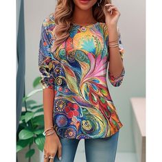 Category:Long Sleeve T-shirt; Season:Spring,Fall; Fabric:Polyester; Sleeve Length:Long Sleeve; Look After Me:Machine wash,Washable,Wet and Dry Cleaning; Gender:Women's; Style:Casual; Elasticity:Micro-elastic; Tops Type:T Shirt; Occasion:Daily; Top Length:Regular Tops; Fit Type:Regular Fit; Pattern:Color Gradient; Design:Print; Neckline:Crew Neck; Brand:Shall We; Listing Date:09/05/2024 Casual Multicolor Tops With Random Print, Multicolor Stretch T-shirt For Fall, Colorful Crew Neck Top For Fall, Stretch Multicolor Printed Tops, Multicolor Stretch Printed Tops, Multicolor Printed Stretch T-shirt, Casual Colorful Stretch Tops, Colorful Stretch Casual Tops, Multicolor Print Tops For Fall, Relaxed Fit