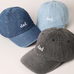 Father's Day Gift Dad Text Embroidered Denim Cap, Perfect Gift for Father's Day, Stylish Denim Baseball Cap for Dads. It's a cool classic designed to add personal shade wherever you go! Perfect for dog walking, the beach, the gym, the pool, and everyday wear! It's fully adjustable and easy to style! ** 🧢 Detail & Features 🧢 ** - "dad" Text Embroidered Design - 6 Panel Denim Baseball Cap - Embroidered Designed Cap - Perfect Gift for Father's Day *One Size Fits All - Adjustable Strap Makes Fit C Cheap Father's Day Cap, Personalized Casual Hats For Spring, Personalized Casual Spring Hats, Casual Personalized Spring Hats, Casual Spring Hats Personalized, Personalized Casual Trucker Hat For Father's Day, Casual Everyday Hat Personalized, Casual Personalized Baseball Cap For Father's Day, Casual Snapback Dad Hat For Father's Day