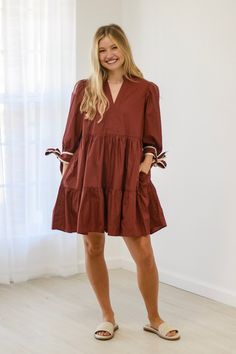 Details Solid 3/4 sleeve v neck tiered mini dress Pockets at side Self-tie bow detail at cuff Material and Care 65% polyester, 35% cotton ❤️ Family owned business operated with love & passion 🧐 All products carefully hand picked & analyzed for great quality ✈️ Lightning fast secure shipping with tracking number included Fall Dress Inspiration, Thanksgiving Dress, Tiered Mini Dress, Dress Pockets, Fall Dress, Tie Bow, Color Analysis, Top Graphic Tees, Denim Leggings