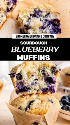 two blueberry muffins stacked on top of each other with the words sourdough jumbo blueberry muffin recipe