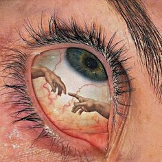 an eye with the creation of hands painted on it's iris, as well as another hand reaching for something