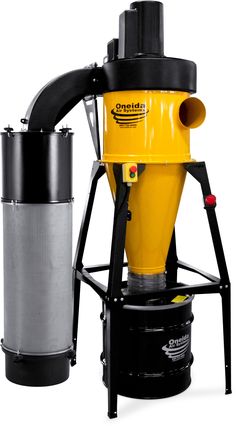 a yellow and black machine sitting next to a gray trash can on a white background