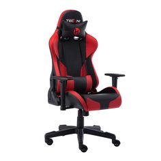 a red and black office chair with the word tech n on it's back