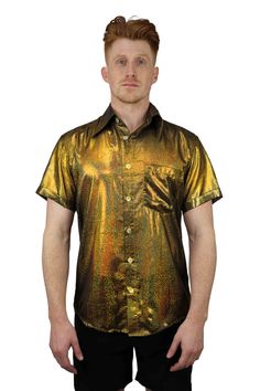 mens gold button down shirt from Love Khaos Fitted Collared Shirt For Party, Party Short Sleeve Shirt, Party Season Short Sleeve Shirt, Fitted Short Sleeve Party Shirt, Fitted Shirt With Button Closure For Party, Disco Style Summer Shirt For Night Out, Disco Style Shirt For Night Out In Summer, Fitted Gold Shirt With Button Closure, Summer Disco Shirt For Night Out