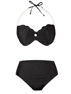 Black Shell Pearl Halter Bikini Set – Retro Stage - Chic Vintage Dresses and Accessories Retro Stage, Suspender Pants, Sequin Evening Dresses, Standard Dress, Swimsuits Hot, Patchwork Dress, Chic Vintage, Swim Suit, Retro Dress