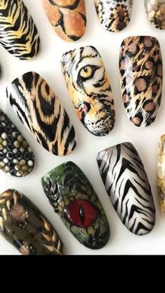 Cat Nail Art, Gold Acrylic Nails, Leopard Print Nails, Painted Nail Art