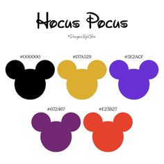 mickey mouse ears with different colors and sizes for each disney character's name on them