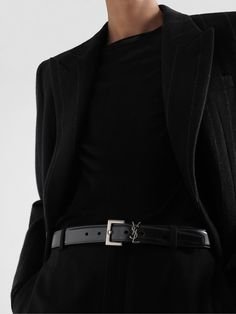 SAINT LAURENT's distinctive monogram was invented in the '60s by typeface designer Adolphe Jean-Marie Mouron and has lost none of its appeal in the years since. This 3cm belt has been made in Italy from smooth leather and secures with a polished silver-tone buckle. Ysl Outfit, Saint Laurent Collection, Security Belt, Ysl Belt, Ralph Lauren Suits, Boys Belt, Mens Designer Belts, Black Suit Men, Belt For Men