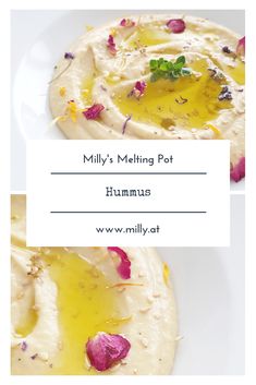 two different types of hummus on a white plate with the words milly's melting pot hummus