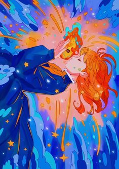 a painting of a woman kissing a man on the forehead with stars in the background