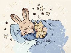 a drawing of a rabbit sleeping with its head on a stuffed animal