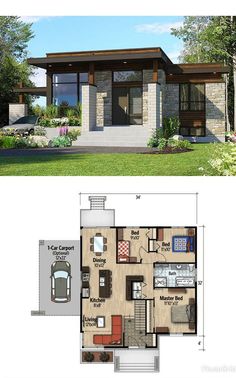 the floor plan for a small house with two levels and an open living area in it