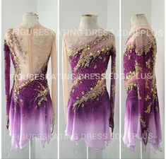 three different views of the back of a dress with gold and purple beads on it