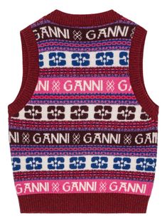 Fair Isle-intarsia sweater vest from GANNI featuring wine red, multicolour, wool blend, fair isle intarsia knit, V-neck, sleeveless, ribbed trim and straight hem. This item is in size S and the color is Multicolor Ganni Sweater, Shopping Online Logo, 70s Vibes, Brand Book, Wool Vest, Retro Print, Women's Sweaters, Sweaters Knitwear, Leather Gloves