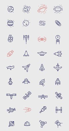 the different types of space related objects are shown in blue and red ink on a gray background