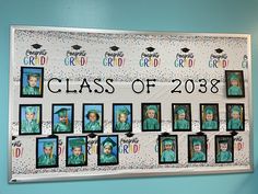 a bulletin board with pictures of graduates and their graduation caps on it's side