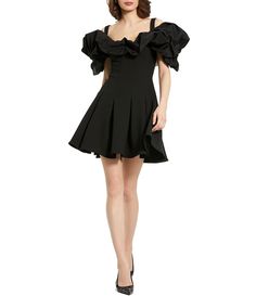 From Mac Duggal&#x2C; this dress features:Crepe fabrication A-line silhouetteOff-the-shoulder neckline Short sleeves Ruffle detail at neckline & shouldersFully lined Pleated skirt Concealed back zipper closureApprox. 34" lengthPolyester Hand wash Imported. Off-shoulder Mini Dress With Ruffles For Cocktail, Black Knee-length Ruffle Dress, Feminine Off-shoulder Mini Dress With Ruffles, Elegant Mini-length Tiered Dress With Ruffle Hem, Black Off-shoulder Dress With Ruffle Hem, Contemporary Dresses, Eve Dresses, New Years Eve Dresses, Belted Midi Dress