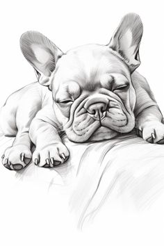 a black and white drawing of a dog laying on top of a bed with its eyes closed