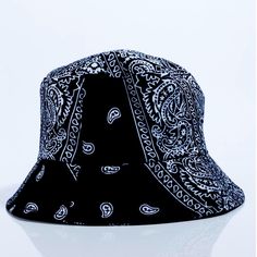 Brand New In Package Black Bandana Bucket Hat Black Bucket Hat With Letter Print And Curved Brim, Black Letter Print Bucket Hat, Black Bandana With Bandana Print For Festivals, Black One-size Bandana, Black Bandana Print Headscarf, Black Bandana, Bucket Hats, Buckets, Black Red