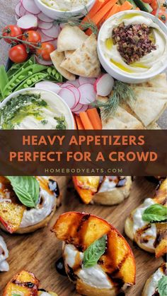 some appetizers are on a wooden board with vegetables and dips