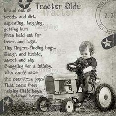 a little boy sitting on top of a tractor in front of a sign that says tractor ride