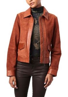 Made with a combination of leather and suede, this trucker-style jacket from Bernardo is enhanced with snap flap pockets for convenient storage. | Bernardo Women's Leather Suede Combo Trucker Jacket, Small Suede Leather Jacket With Overlays For Work, Fitted Biker Jacket With Flap Pockets For Fall, Fall Leather Biker Jacket With Lapel Collar, Fall Suede Leather Jacket For Work, Leather Biker Jacket With Lapel Collar For Fall, Suede Leather Jacket For Work In Fall, Casual Suede Biker Jacket For Work, Spring Leather Biker Jacket With Collar, Brown Leather Jacket With Suede Overlays