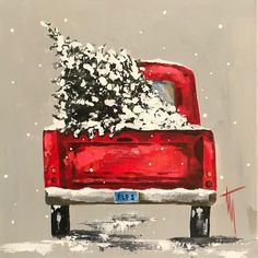 a painting of a red pickup truck with snow on the roof and trees in the back