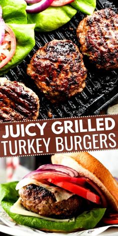 juicy grilled turkey burgers with lettuce, tomato and onion on the grill