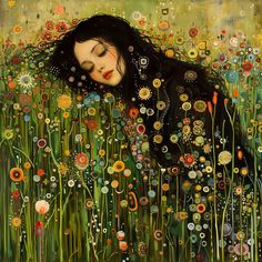 a painting of a woman laying down in a field of flowers with her eyes closed