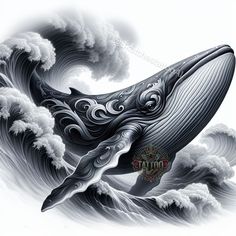 an artistic drawing of a whale in the ocean with waves and clouds behind it, on a white background