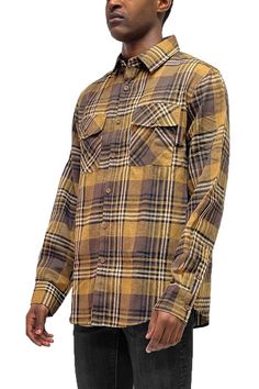 Flannel checkered print long sleeve brushed on both sides so it feels fluffy, soft, and warm. A length that looks nice styled as an outer layer as well.  The sleeves are slightly thickened with threads from under the arms to the sides. By applying double stitching, the stitches were sewn with puckering to create a casual look. This flannel was designed with a universal size spec so it is a Unisex flannel.  Model is 5'11 wearing size Large.  60% Cotton, 40% Polyester  Order one size up. Sky Brown, Checker Print, How To Attract Customers, Plaid Flannel, Ties Mens, Flannel Shirt, Mocha, All Fashion, Casual Looks