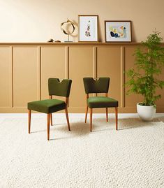 two green chairs sitting next to each other on top of a rug