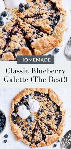 homemade blueberry galette pie on a white background with text overlay that reads homemade blueberry galette