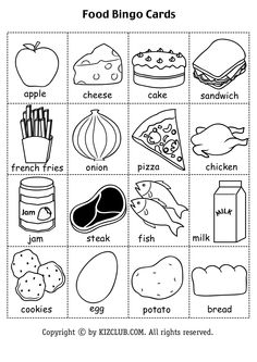 the food bingo cards are filled with pictures to help kids learn how to make their own food