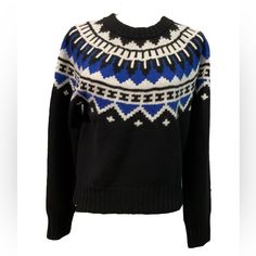 Polo Ralph Lauren Women Fair Isle Lambswool/Cashmere Black Sweater Top Sz S Nwt New With Tags Retail Price: $250 Fair Isle Black/ Blue / White Measurements Approx Laying Flat Pit To Pit: 19.5” Length 23.5” (20) Black Jacquard Knit Crew Neck Outerwear, Black Jacquard Knit Outerwear With Crew Neck, Black Wool Sweater For Workwear, Black Wool Sweater For Work, Cozy Black Sweater For Work, Nordic Black Sweater With Fair Isle Pattern, Black Wool Jacquard Knit Outerwear, Black Jacquard Knit Winter Sweater, Black Wool Sweater For Cold Weather