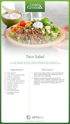 Taco Salad Recipe for OPTAVIA Lean & Green Lean Dinners, Green Diet, Protein Meals, Taco Salad, Health Dinner Recipes