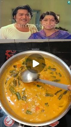 two pictures of people cooking food in a pan and one is holding a ladle