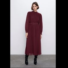 Midi Length Burgundy Midi Dress With Elastic Waist And Self Belt Zara Pleated Dress For Workwear, Zara Pleated Dress For Work, Zara Belted Long Sleeve Midi Dress, Zara Long Sleeve Belted Midi Dress, Zara Belted Midi Dress For Fall, Zara Formal Fall Midi Dress, Zara Formal Maxi Dress For Fall, Zara Midi Dress For Date Night In Fall, Zara Pleated Midi Dress For Fall