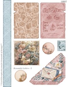 an assortment of papers with flowers and envelopes