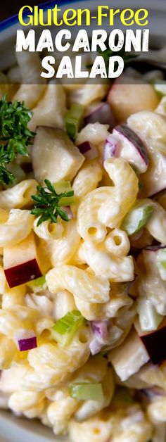 a close up of a plate of macaroni salad with text overlay that reads gluten free macaroni salad