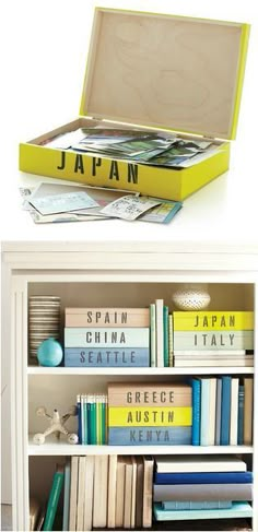 an open bookcase with books in it and the bottom one is filled with magazines