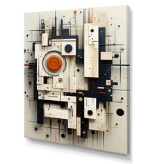 an abstract artwork piece on canvas with orange and black circles, squares, and rectangles