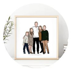 a family portrait is displayed on a white plate with a plant in the corner and a potted plant next to it